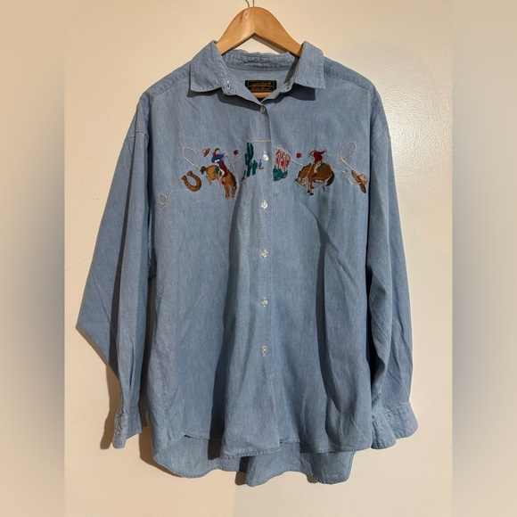 Eddie Bauer Tops - Eddie Bauer vintage embroidered western Denim Button-Up Shirt Large 100% Cotton